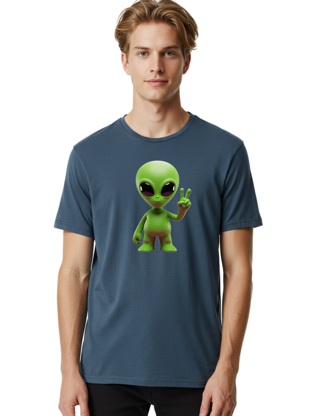 Alien-Peace-Sign-2 Men'S Graphic Tee, 100% Cotton, Comfortable Casual Summer Wear, Machine Washable, Alien Figure, Peace Sign, Friendly Gesture, Cartoon Character, E.T., Extraterrestrial Being, Fun, Quirky, Playful, 3D Rendering, Bab631
