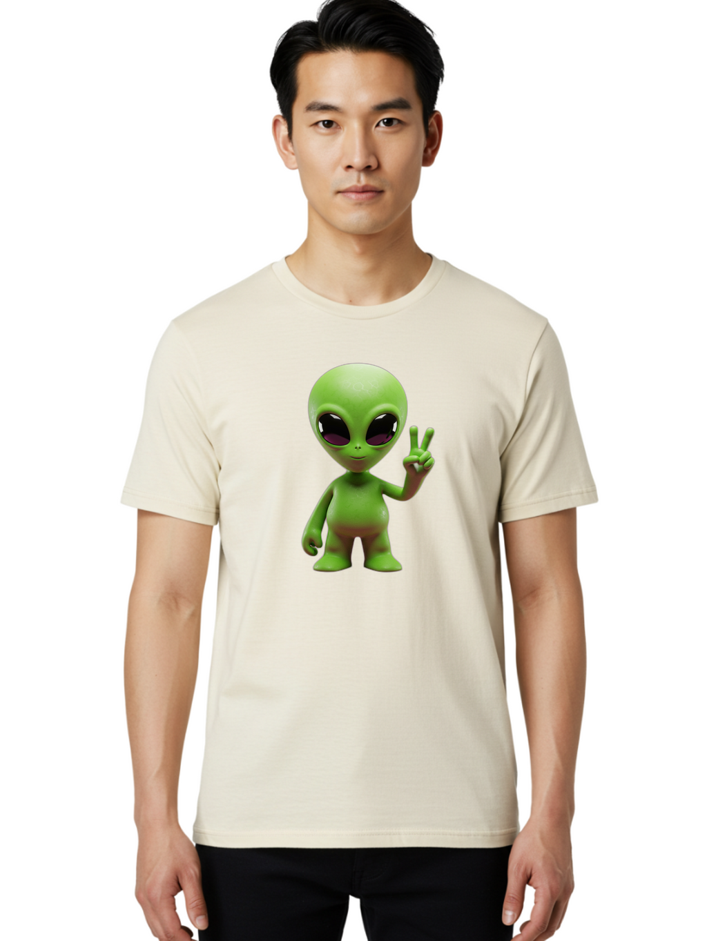 Alien-Peace-Sign-2 Men'S Graphic Tee, 100% Cotton, Comfortable Casual Summer Wear, Machine Washable, Alien Figure, Peace Sign, Friendly Gesture, Cartoon Character, E.T., Extraterrestrial Being, Fun, Quirky, Playful, 3D Rendering, Bab631