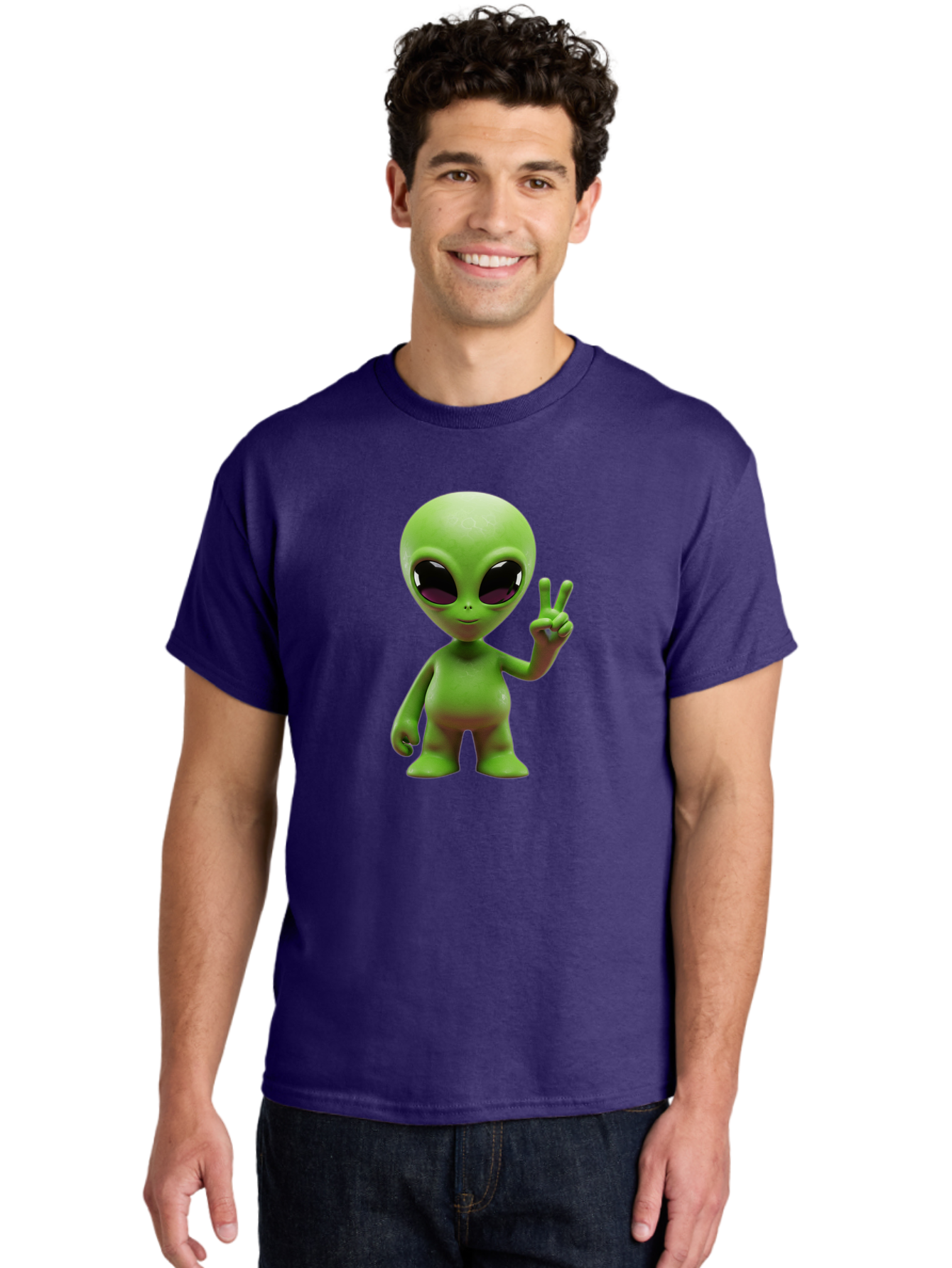 Alien-Peace-Sign-2 Men'S Graphic Tee, 100% Cotton, Comfortable Casual Summer Wear, Machine Washable, Alien Figure, Peace Sign, Friendly Gesture, Cartoon Character, E.T., Extraterrestrial Being, Fun, Quirky, Playful, 3D Rendering, Bab631