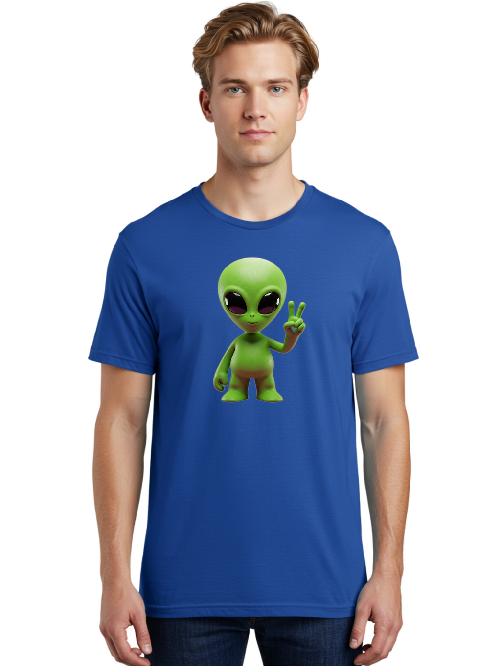 Alien-Peace-Sign-2 Men'S Graphic Tee, 100% Cotton, Comfortable Casual Summer Wear, Machine Washable, Alien Figure, Peace Sign, Friendly Gesture, Cartoon Character, E.T., Extraterrestrial Being, Fun, Quirky, Playful, 3D Rendering, Bab631