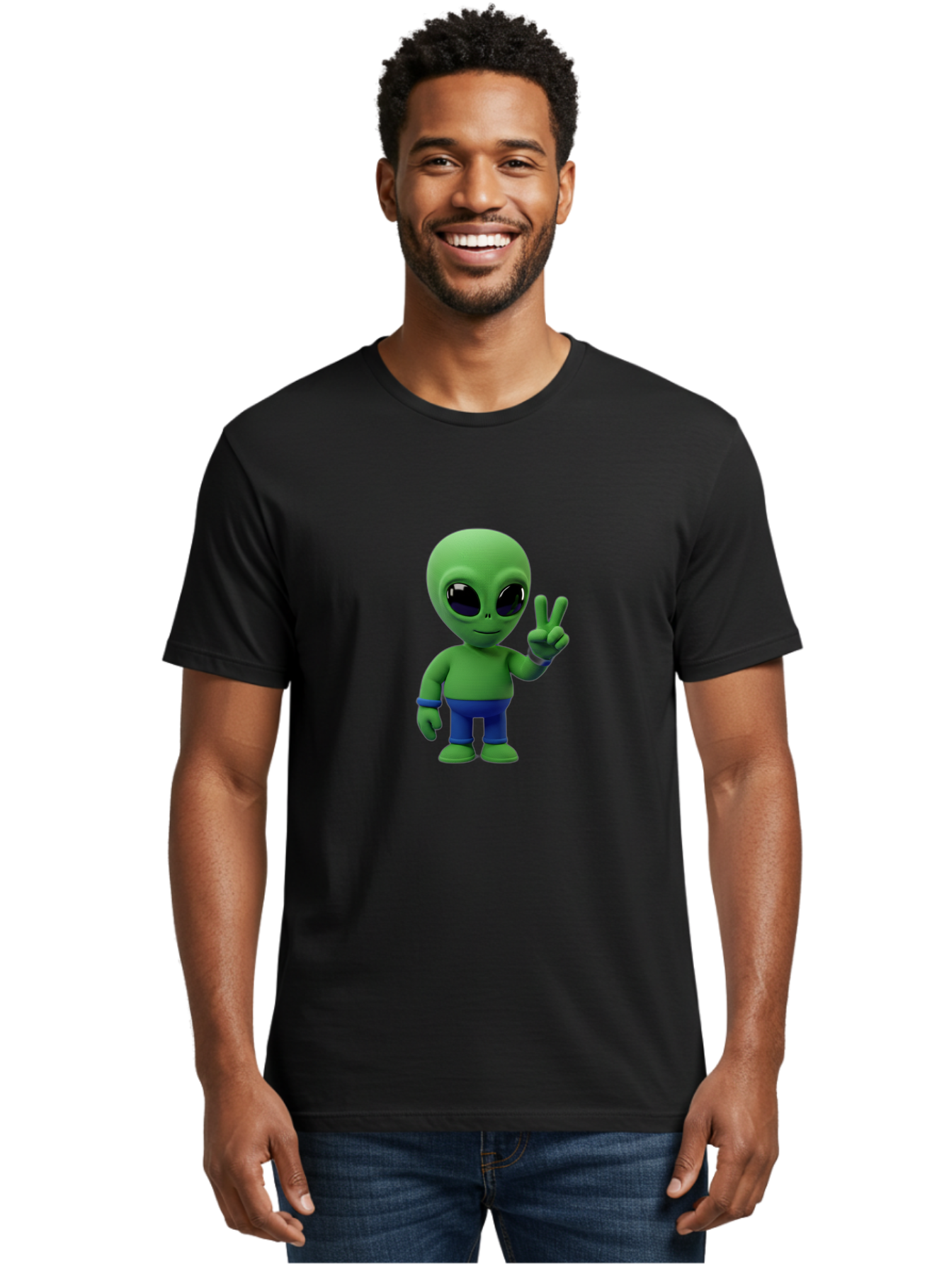 Alien-Peace-Sign-3 Men'S Graphic Tee, 100% Cotton, Comfortable Casual Summer Wear, Machine Washable, Cartoon Alien, Peace Sign, Blue Pants, Blue Bracelet, Friendly Gesture, 3D Character, Space Creature, Fun Design, Playful Pose, Kawaii Style Bab632