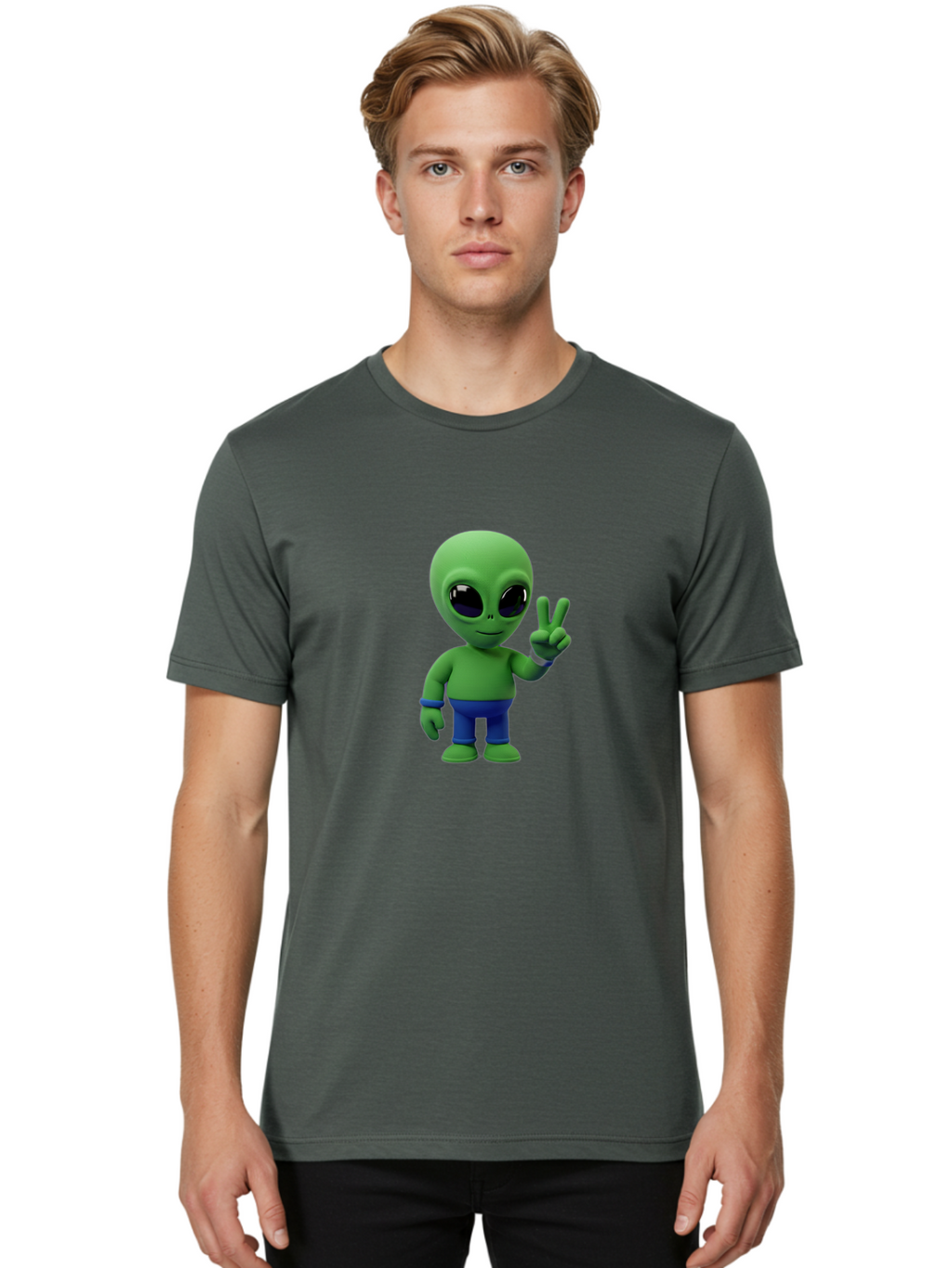 Alien-Peace-Sign-3 Men'S Graphic Tee, 100% Cotton, Comfortable Casual Summer Wear, Machine Washable, Cartoon Alien, Peace Sign, Blue Pants, Blue Bracelet, Friendly Gesture, 3D Character, Space Creature, Fun Design, Playful Pose, Kawaii Style Bab632