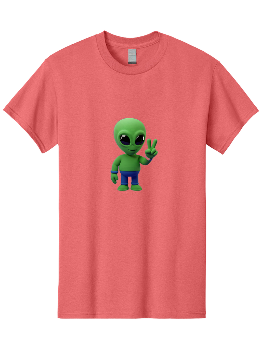 Alien-Peace-Sign-3 Men'S Graphic Tee, 100% Cotton, Comfortable Casual Summer Wear, Machine Washable, Cartoon Alien, Peace Sign, Blue Pants, Blue Bracelet, Friendly Gesture, 3D Character, Space Creature, Fun Design, Playful Pose, Kawaii Style Bab632