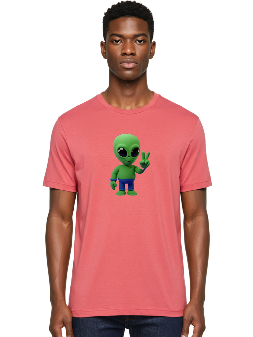 Alien-Peace-Sign-3 Men'S Graphic Tee, 100% Cotton, Comfortable Casual Summer Wear, Machine Washable, Cartoon Alien, Peace Sign, Blue Pants, Blue Bracelet, Friendly Gesture, 3D Character, Space Creature, Fun Design, Playful Pose, Kawaii Style Bab632