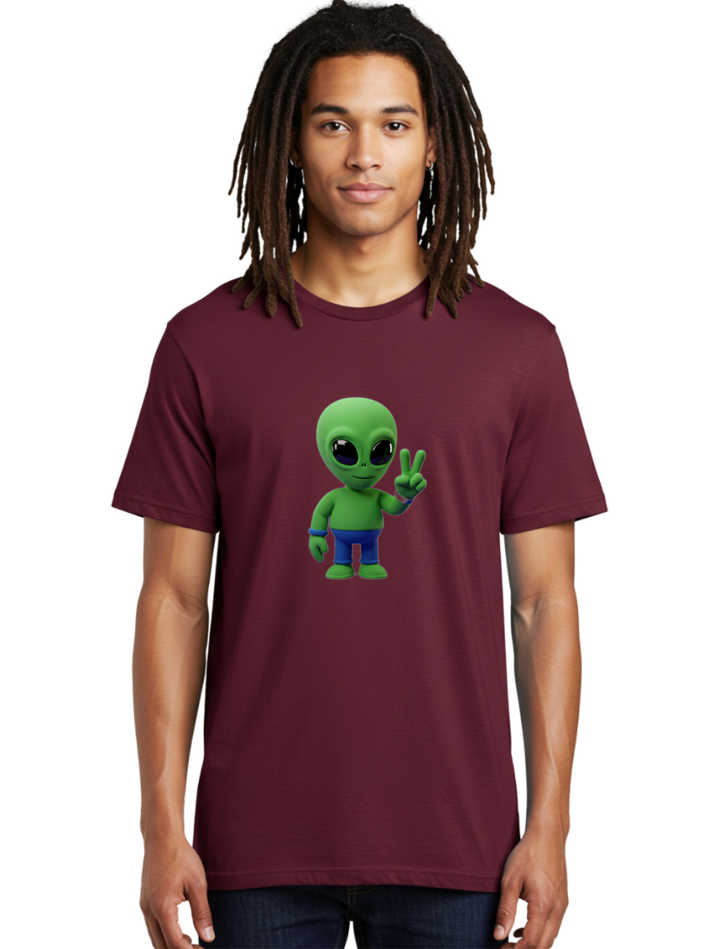 Alien-Peace-Sign-3 Men'S Graphic Tee, 100% Cotton, Comfortable Casual Summer Wear, Machine Washable, Cartoon Alien, Peace Sign, Blue Pants, Blue Bracelet, Friendly Gesture, 3D Character, Space Creature, Fun Design, Playful Pose, Kawaii Style Bab632
