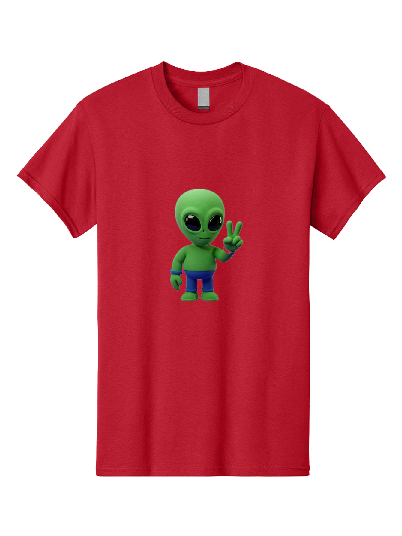 Alien-Peace-Sign-3 Men'S Graphic Tee, 100% Cotton, Comfortable Casual Summer Wear, Machine Washable, Cartoon Alien, Peace Sign, Blue Pants, Blue Bracelet, Friendly Gesture, 3D Character, Space Creature, Fun Design, Playful Pose, Kawaii Style Bab632
