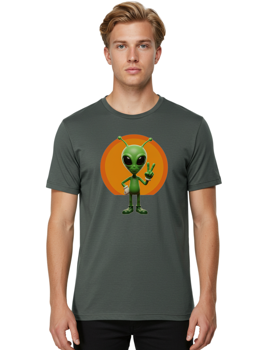 Alien-Peace-Sign Men'S Graphic Tee, 100% Cotton, Comfortable Casual Summer Wear, Machine Washable, Alien Character, Peace Sign, Green Alien, Cartoon Style, Friendly Gesture, Large Eyes, Antennae, Fun Illustration, Cosmic Being Bab633