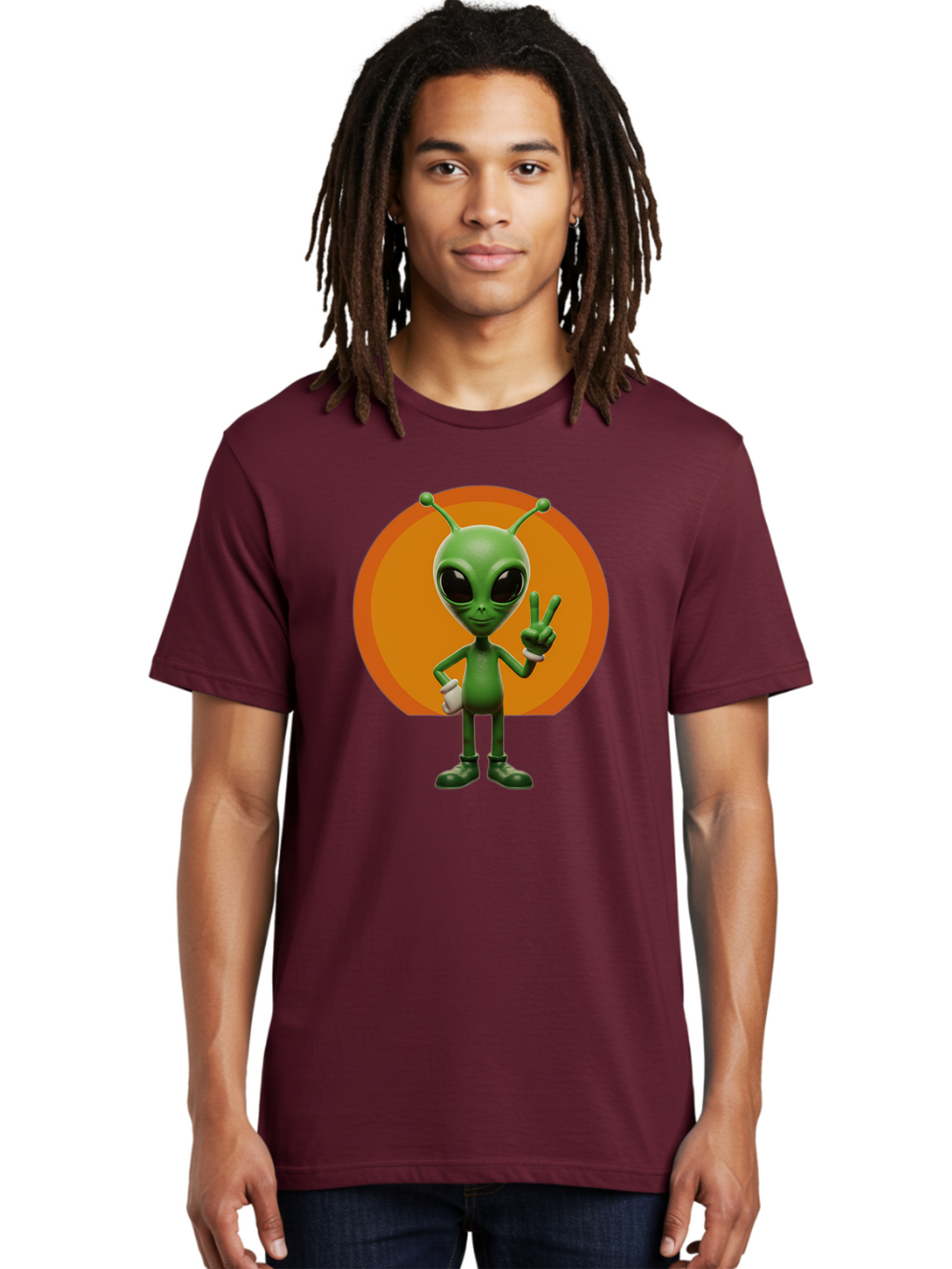 Alien-Peace-Sign Men'S Graphic Tee, 100% Cotton, Comfortable Casual Summer Wear, Machine Washable, Alien Character, Peace Sign, Green Alien, Cartoon Style, Friendly Gesture, Large Eyes, Antennae, Fun Illustration, Cosmic Being Bab633