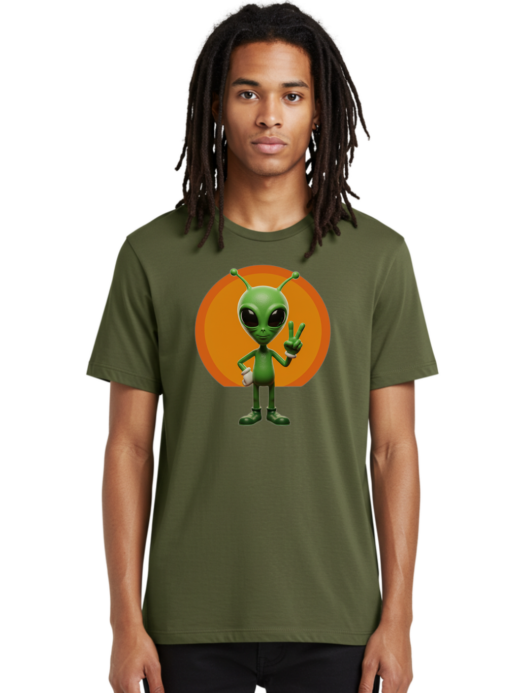Alien-Peace-Sign Men'S Graphic Tee, 100% Cotton, Comfortable Casual Summer Wear, Machine Washable, Alien Character, Peace Sign, Green Alien, Cartoon Style, Friendly Gesture, Large Eyes, Antennae, Fun Illustration, Cosmic Being Bab633