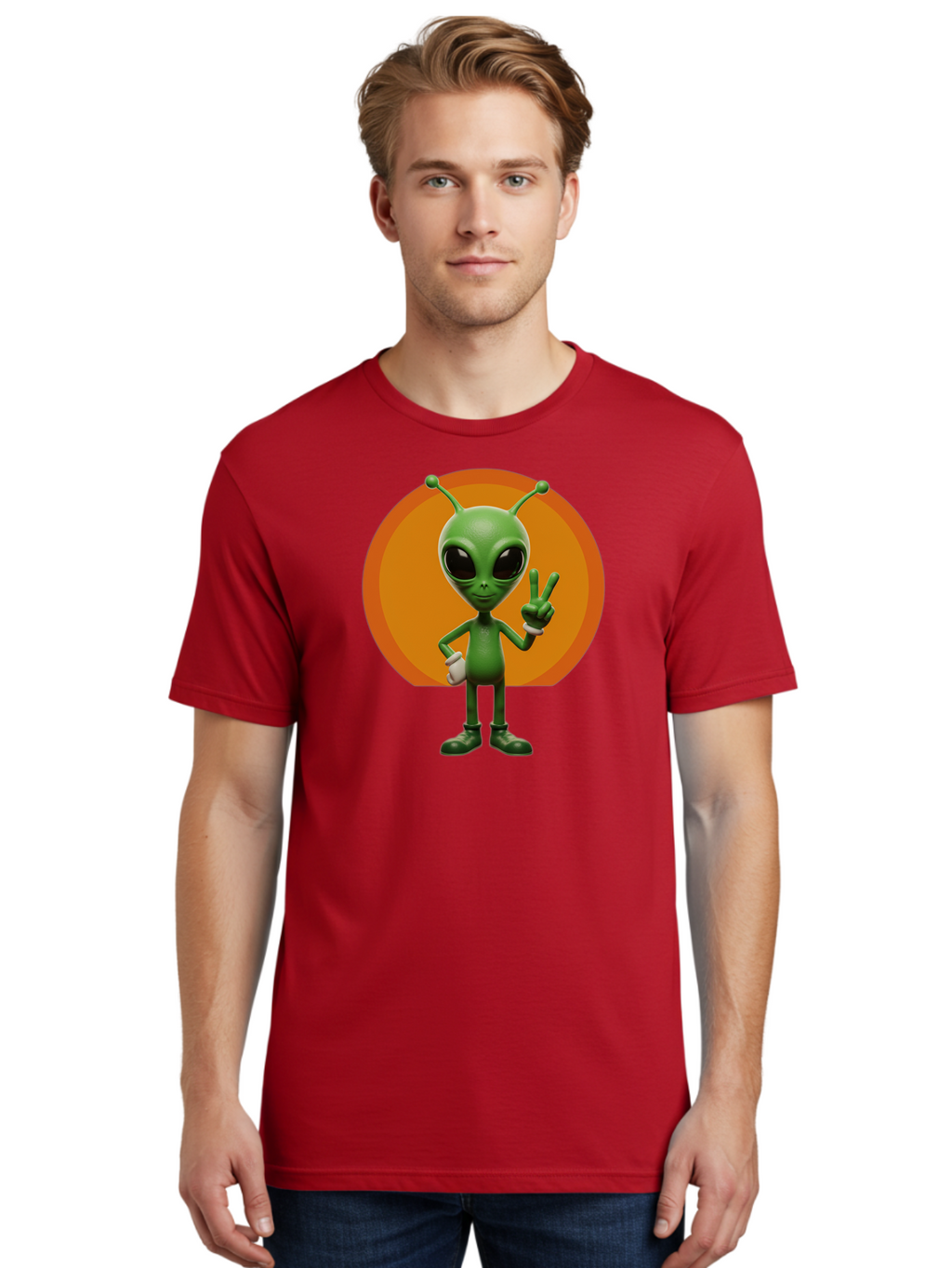 Alien-Peace-Sign Men'S Graphic Tee, 100% Cotton, Comfortable Casual Summer Wear, Machine Washable, Alien Character, Peace Sign, Green Alien, Cartoon Style, Friendly Gesture, Large Eyes, Antennae, Fun Illustration, Cosmic Being Bab633