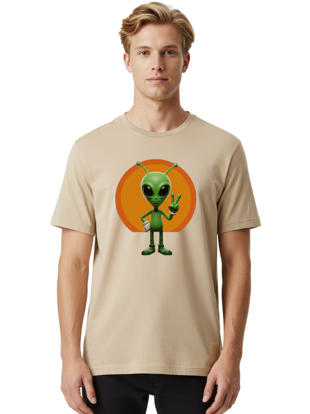 Alien-Peace-Sign Men'S Graphic Tee, 100% Cotton, Comfortable Casual Summer Wear, Machine Washable, Alien Character, Peace Sign, Green Alien, Cartoon Style, Friendly Gesture, Large Eyes, Antennae, Fun Illustration, Cosmic Being Bab633