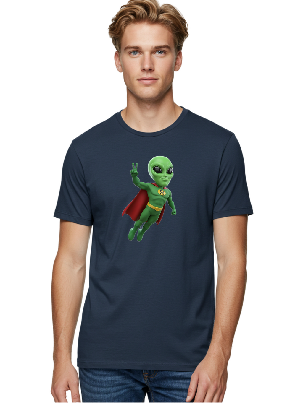 Alien-Superhero Men'S Graphic Tee, 100% Cotton, Comfortable Casual Summer Wear, Machine Washable, Cartoon Alien, Superhero Costume, Red Cape, Yellow Belt, Peace Sign, Green Alien, Superhero Emblem, Cartoon Character, 3D Illustration, Bab634