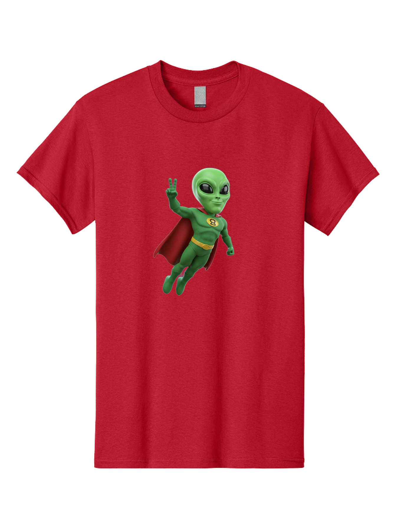 Alien-Superhero Men'S Graphic Tee, 100% Cotton, Comfortable Casual Summer Wear, Machine Washable, Cartoon Alien, Superhero Costume, Red Cape, Yellow Belt, Peace Sign, Green Alien, Superhero Emblem, Cartoon Character, 3D Illustration, Bab634