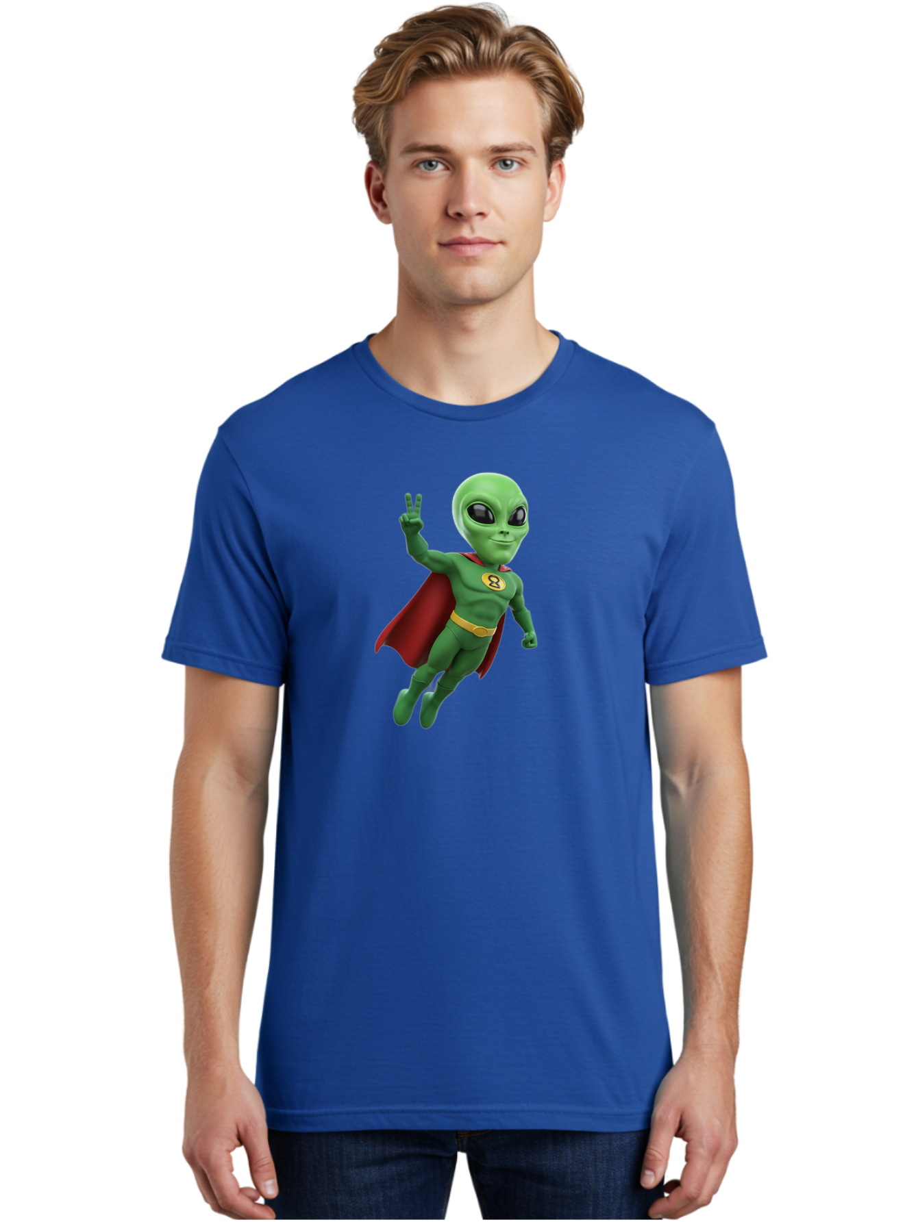 Alien-Superhero Men'S Graphic Tee, 100% Cotton, Comfortable Casual Summer Wear, Machine Washable, Cartoon Alien, Superhero Costume, Red Cape, Yellow Belt, Peace Sign, Green Alien, Superhero Emblem, Cartoon Character, 3D Illustration, Bab634
