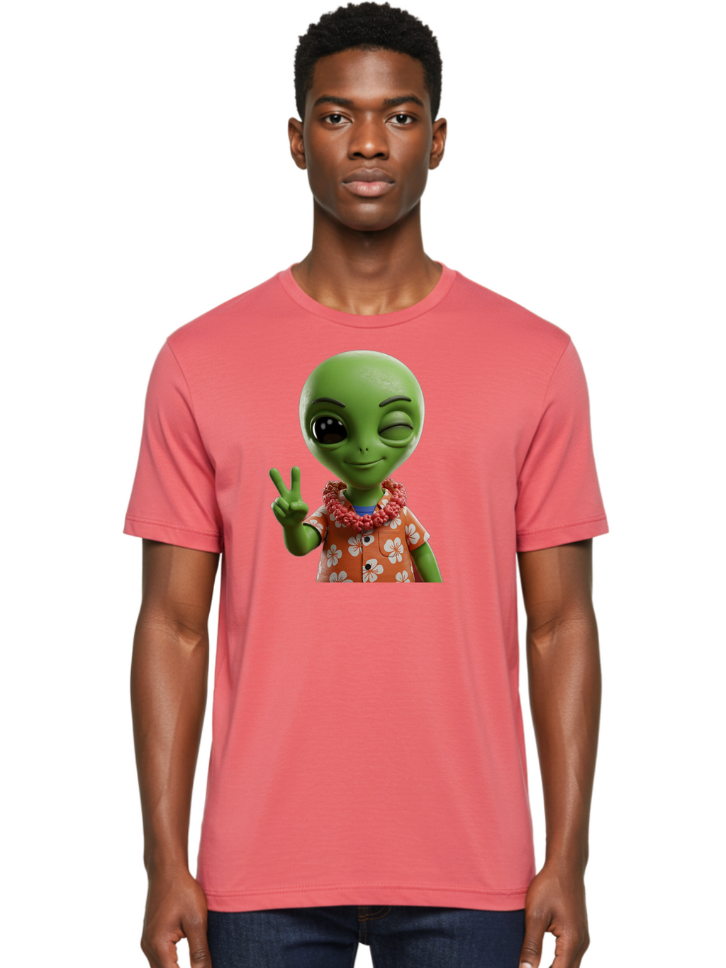 Alien Men'S Graphic Tee, 100% Cotton, Comfortable Casual Summer Wear, Machine Washable, Cartoon Alien, Peace Sign, Hawaiian Shirt, Floral Pattern, Relaxed Vibe, Friendly Demeanor, Extraterrestrial Fun, Playful Gesture, Tropical Feel, Bab636