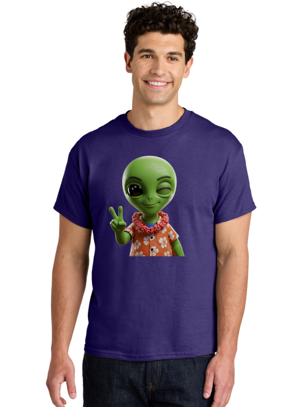 Alien Men'S Graphic Tee, 100% Cotton, Comfortable Casual Summer Wear, Machine Washable, Cartoon Alien, Peace Sign, Hawaiian Shirt, Floral Pattern, Relaxed Vibe, Friendly Demeanor, Extraterrestrial Fun, Playful Gesture, Tropical Feel, Bab636