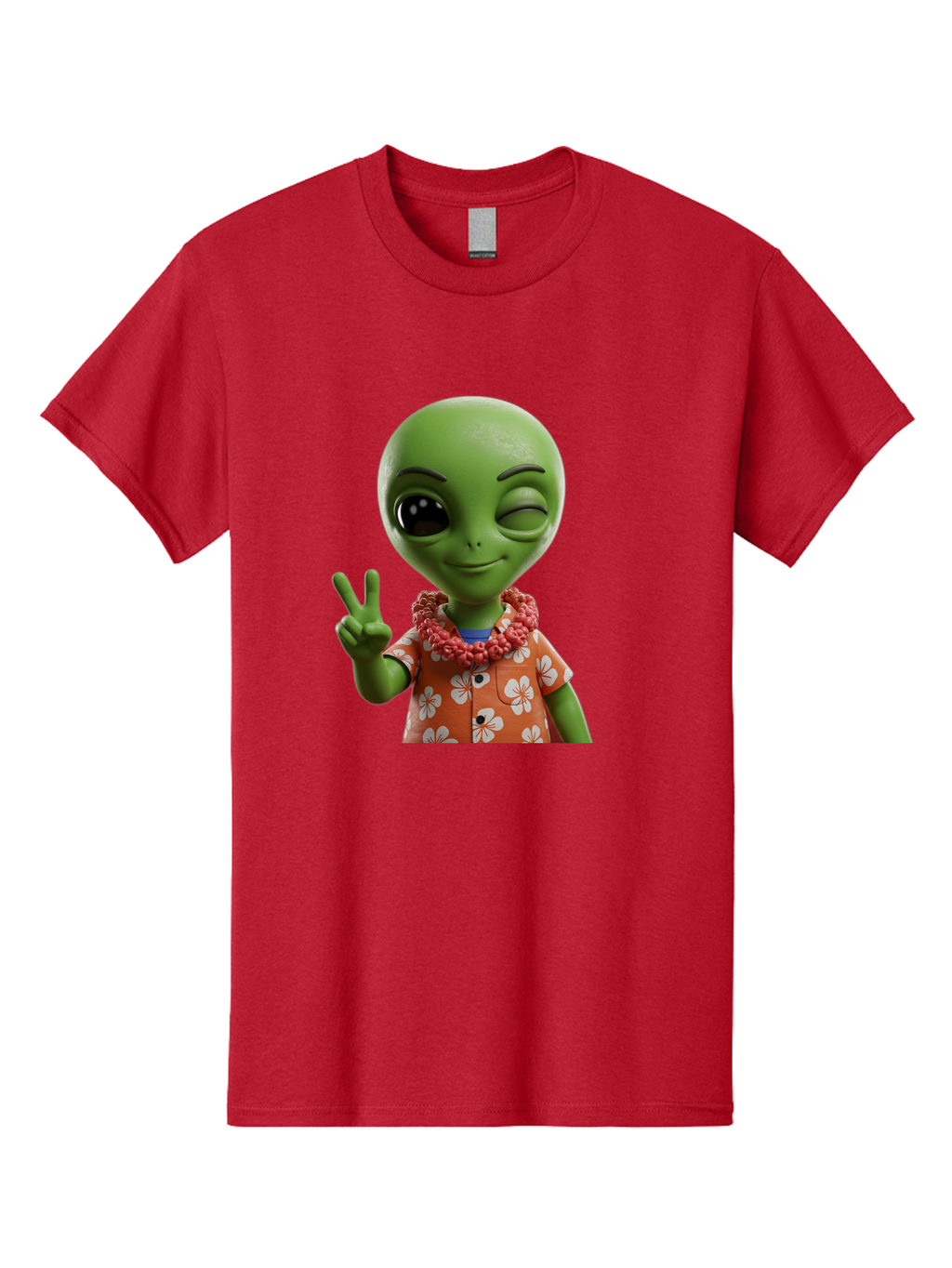 Alien Men'S Graphic Tee, 100% Cotton, Comfortable Casual Summer Wear, Machine Washable, Cartoon Alien, Peace Sign, Hawaiian Shirt, Floral Pattern, Relaxed Vibe, Friendly Demeanor, Extraterrestrial Fun, Playful Gesture, Tropical Feel, Bab636