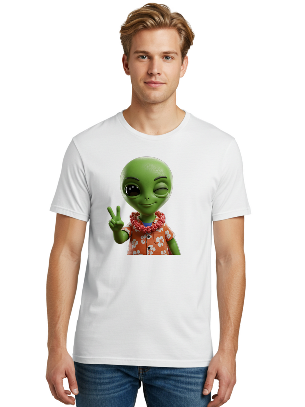 Alien Men'S Graphic Tee, 100% Cotton, Comfortable Casual Summer Wear, Machine Washable, Cartoon Alien, Peace Sign, Hawaiian Shirt, Floral Pattern, Relaxed Vibe, Friendly Demeanor, Extraterrestrial Fun, Playful Gesture, Tropical Feel, Bab636