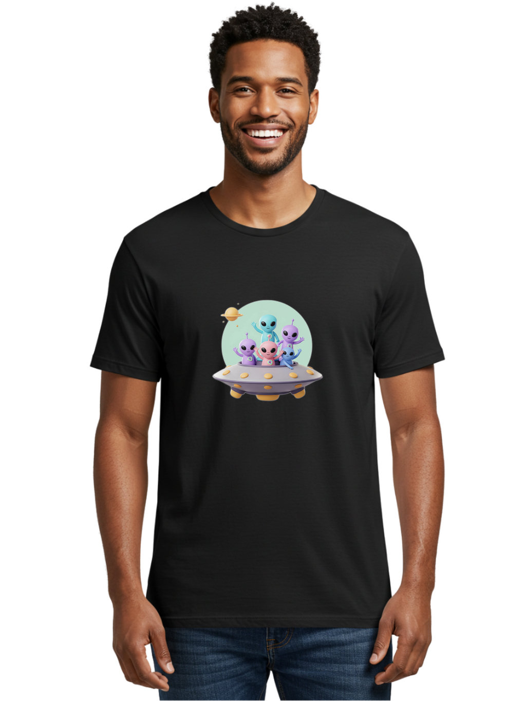 Aliens-In-Ufo Men'S Graphic Tee, 100% Cotton, Comfortable Casual Summer Wear, Machine Washable, Aliens In Ufo, Cartoon Characters, Science Fiction, Extraterrestrial Life, Ufo Sighting, Alien Invasion, Space Travel, Fantastical Creatures, Bab637