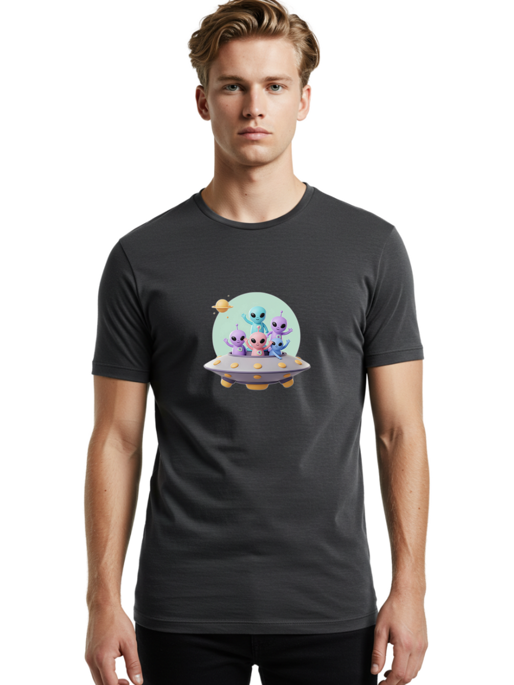 Aliens-In-Ufo Men'S Graphic Tee, 100% Cotton, Comfortable Casual Summer Wear, Machine Washable, Aliens In Ufo, Cartoon Characters, Science Fiction, Extraterrestrial Life, Ufo Sighting, Alien Invasion, Space Travel, Fantastical Creatures, Bab637