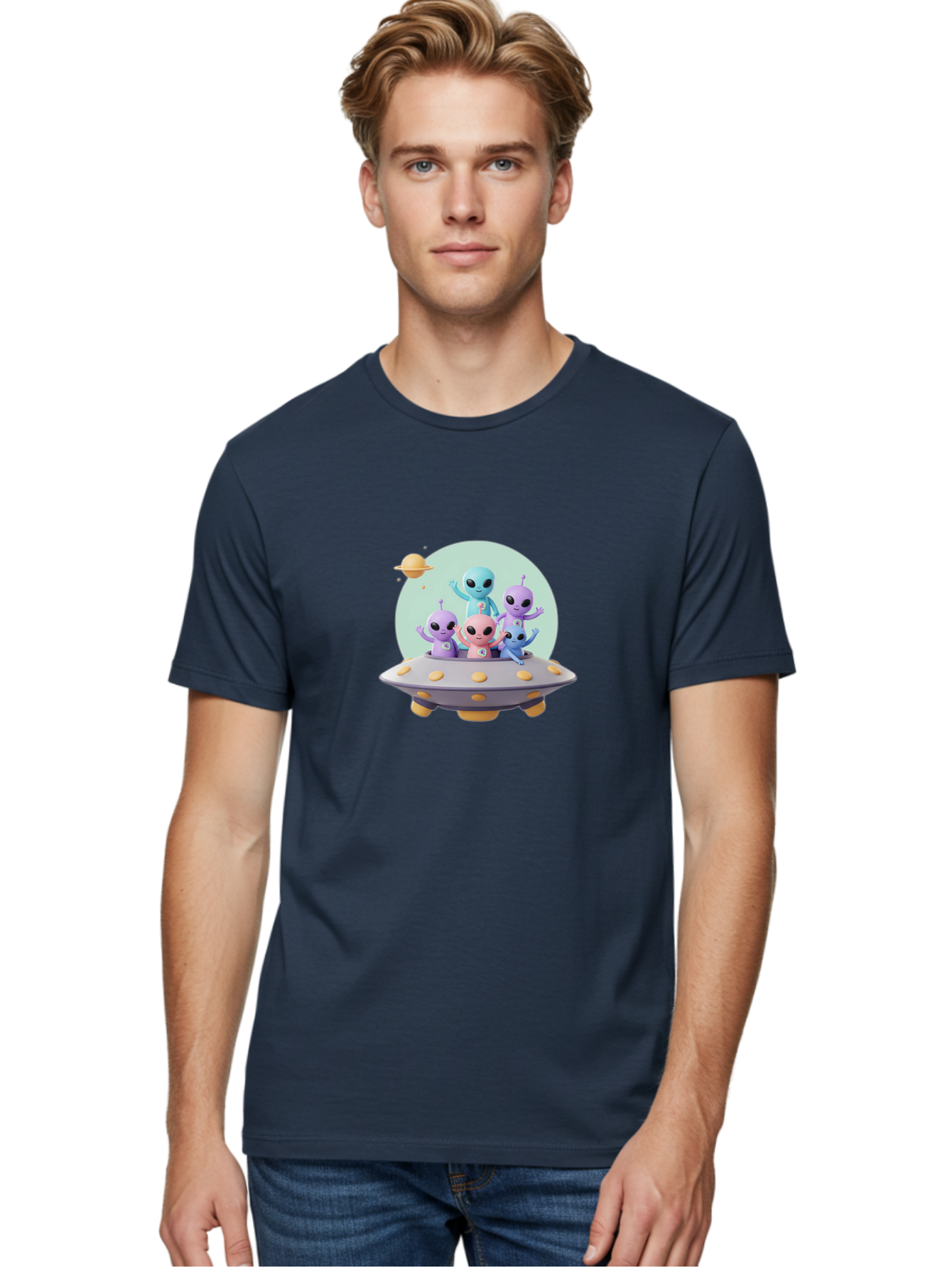 Aliens-In-Ufo Men'S Graphic Tee, 100% Cotton, Comfortable Casual Summer Wear, Machine Washable, Aliens In Ufo, Cartoon Characters, Science Fiction, Extraterrestrial Life, Ufo Sighting, Alien Invasion, Space Travel, Fantastical Creatures, Bab637