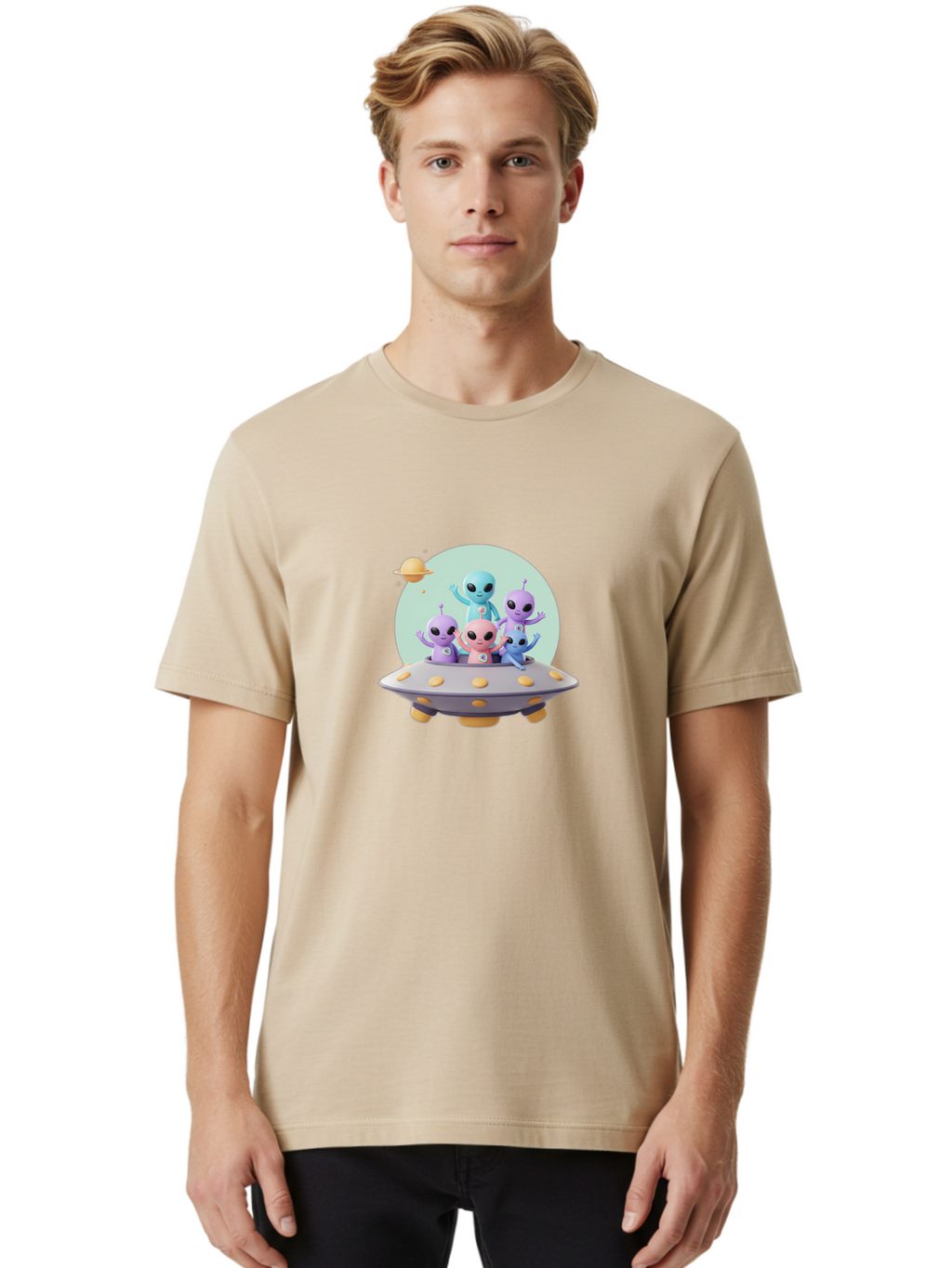 Aliens-In-Ufo Men'S Graphic Tee, 100% Cotton, Comfortable Casual Summer Wear, Machine Washable, Aliens In Ufo, Cartoon Characters, Science Fiction, Extraterrestrial Life, Ufo Sighting, Alien Invasion, Space Travel, Fantastical Creatures, Bab637