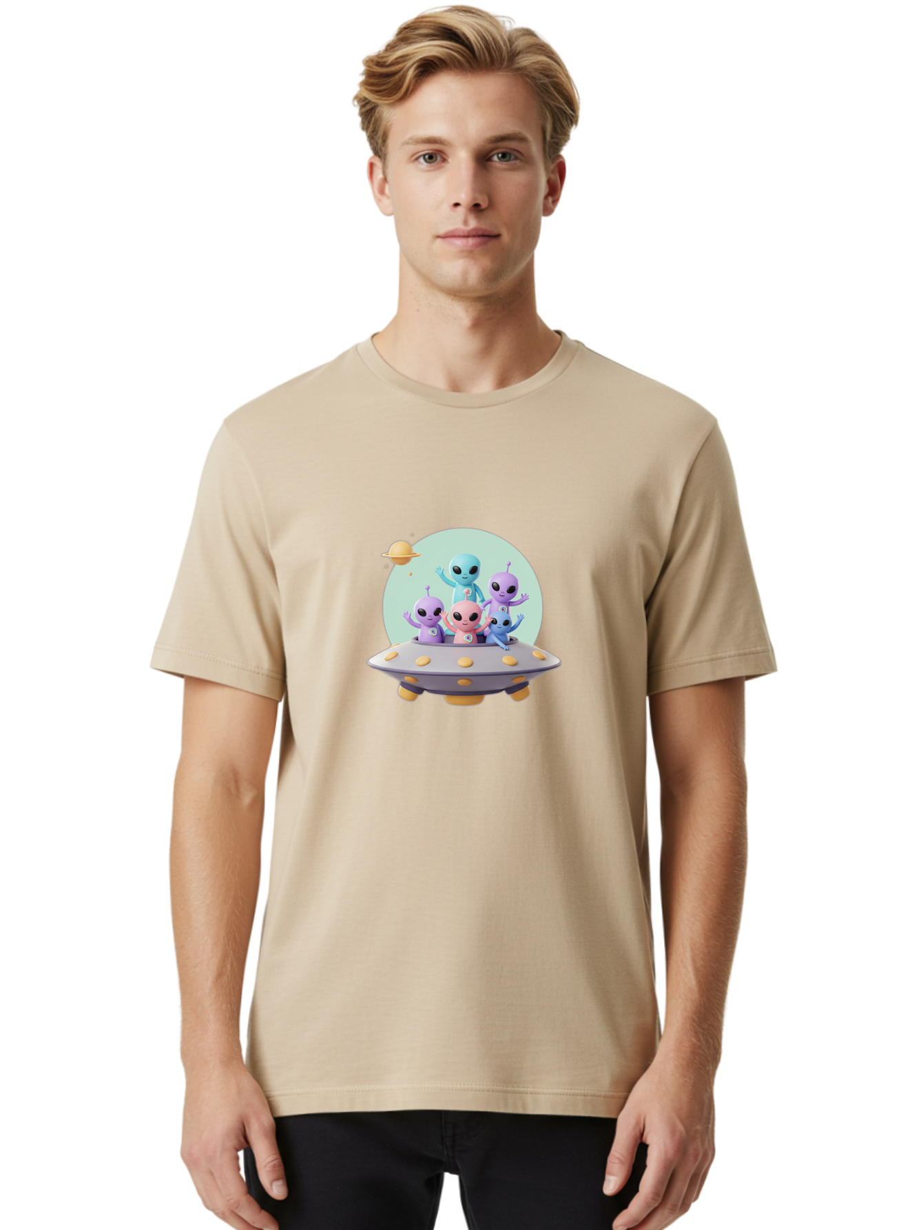 Aliens-In-Ufo Men'S Graphic Tee, 100% Cotton, Comfortable Casual Summer Wear, Machine Washable, Aliens In Ufo, Cartoon Characters, Science Fiction, Extraterrestrial Life, Ufo Sighting, Alien Invasion, Space Travel, Fantastical Creatures, Bab637