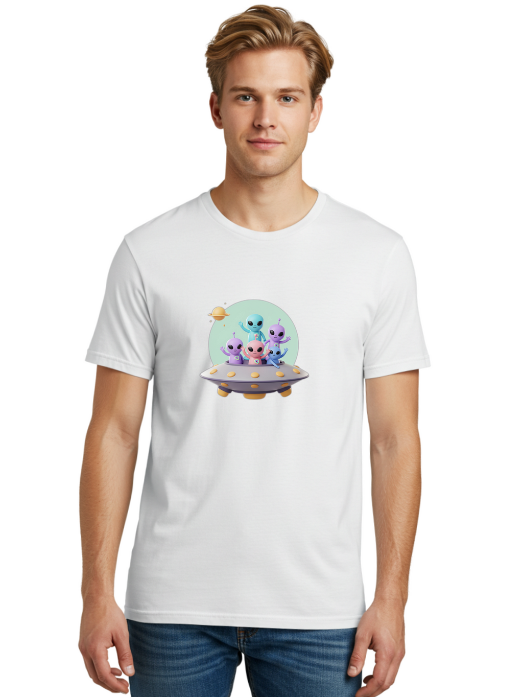 Aliens-In-Ufo Men'S Graphic Tee, 100% Cotton, Comfortable Casual Summer Wear, Machine Washable, Aliens In Ufo, Cartoon Characters, Science Fiction, Extraterrestrial Life, Ufo Sighting, Alien Invasion, Space Travel, Fantastical Creatures, Bab637