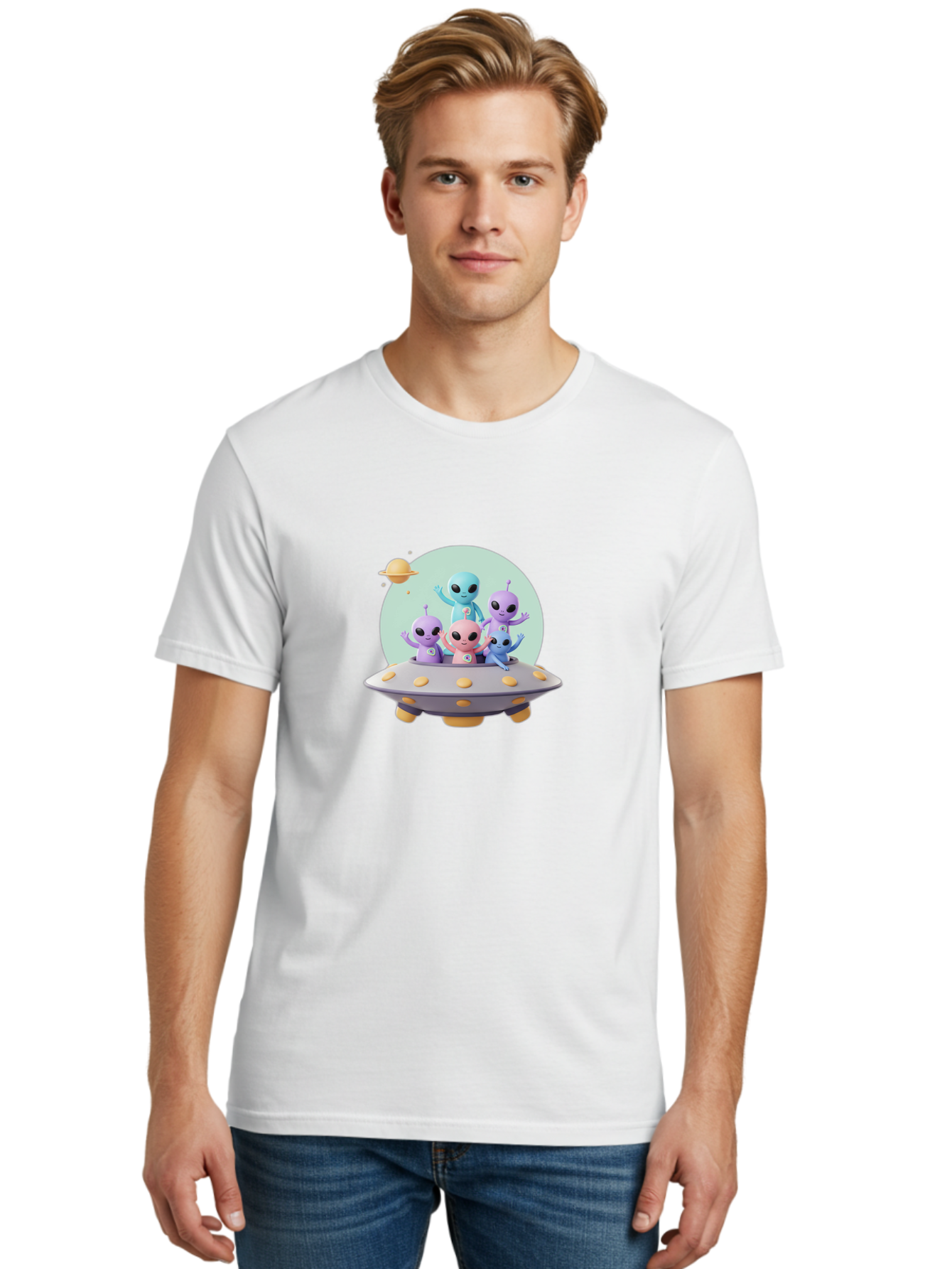 Aliens-In-Ufo Men'S Graphic Tee, 100% Cotton, Comfortable Casual Summer Wear, Machine Washable, Aliens In Ufo, Cartoon Characters, Science Fiction, Extraterrestrial Life, Ufo Sighting, Alien Invasion, Space Travel, Fantastical Creatures, Bab637