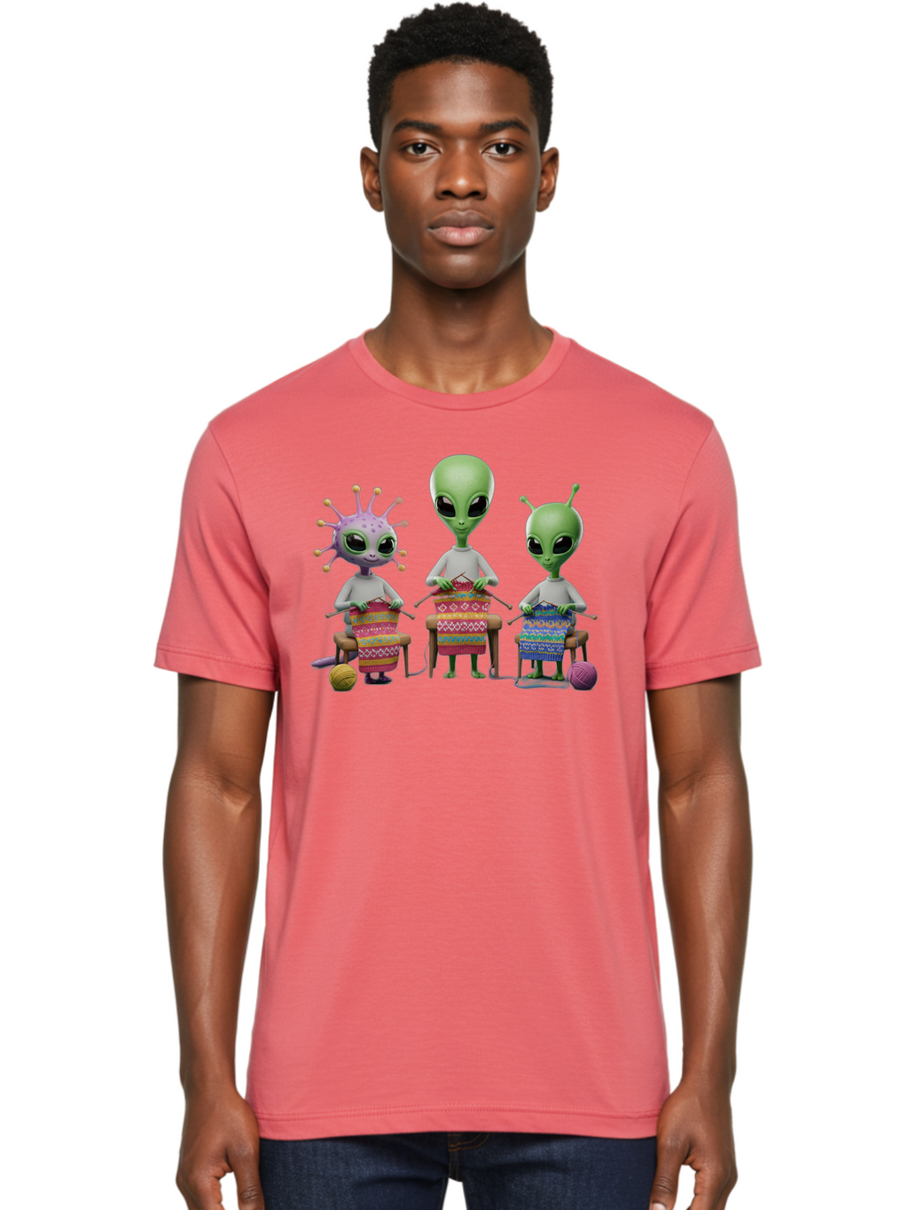 Aliens-Knitting Men'S Graphic Tee, 100% Cotton, Comfortable Casual Summer Wear, Machine Washable, Cartoon Aliens, Knitting Patterns, Colorful Yarn, Creative Creatures, Extraterrestrial Hobby, Playful Illustration, Knitting Needles, Bab638