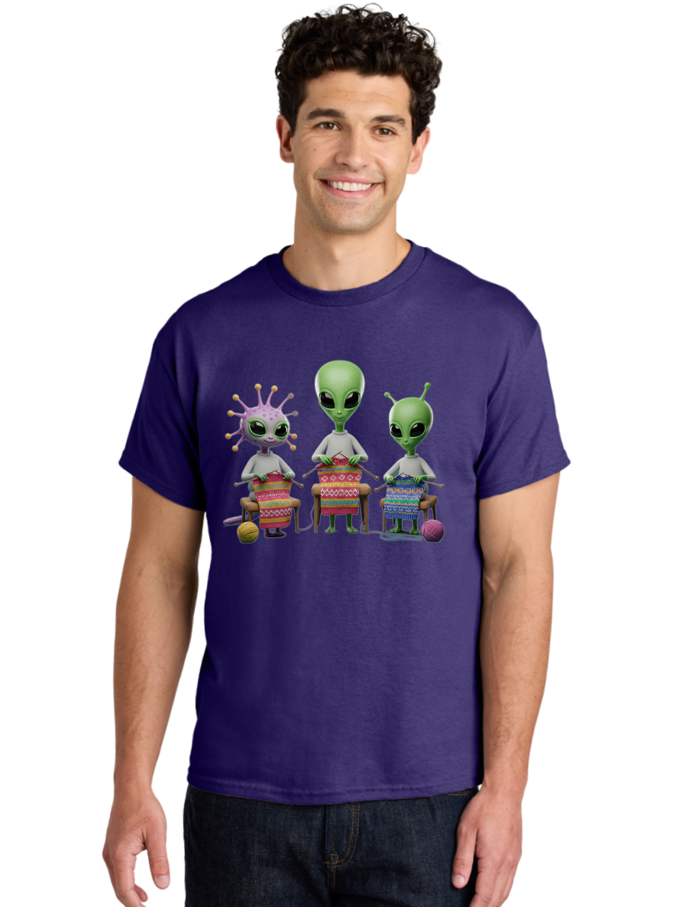 Aliens-Knitting Men'S Graphic Tee, 100% Cotton, Comfortable Casual Summer Wear, Machine Washable, Cartoon Aliens, Knitting Patterns, Colorful Yarn, Creative Creatures, Extraterrestrial Hobby, Playful Illustration, Knitting Needles, Bab638