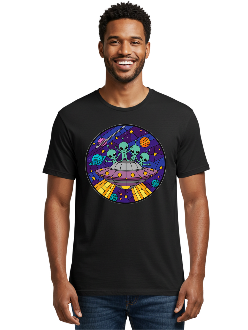 Aliens-On-Ufo-1 Men'S Graphic Tee, 100% Cotton, Comfortable Casual Summer Wear, Machine Washable, Aliens On A Spaceship, Cartoon Aliens, Ufo Sighting, Extraterrestrial Life, Space Travel, Planetary Exploration, Intergalactic Adventure, Bab639