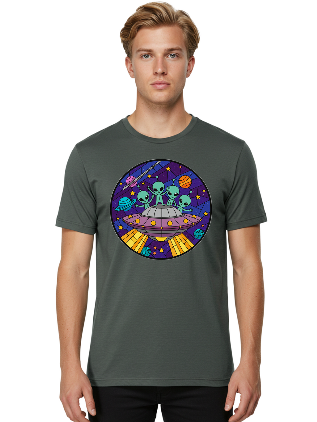 Aliens-On-Ufo-1 Men'S Graphic Tee, 100% Cotton, Comfortable Casual Summer Wear, Machine Washable, Aliens On A Spaceship, Cartoon Aliens, Ufo Sighting, Extraterrestrial Life, Space Travel, Planetary Exploration, Intergalactic Adventure, Bab639