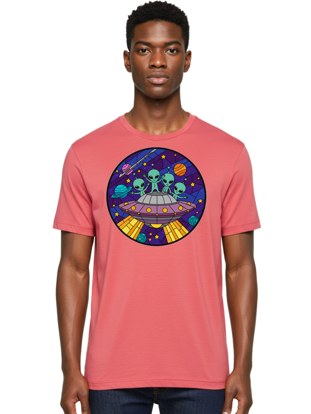 Aliens-On-Ufo-1 Men'S Graphic Tee, 100% Cotton, Comfortable Casual Summer Wear, Machine Washable, Aliens On A Spaceship, Cartoon Aliens, Ufo Sighting, Extraterrestrial Life, Space Travel, Planetary Exploration, Intergalactic Adventure, Bab639