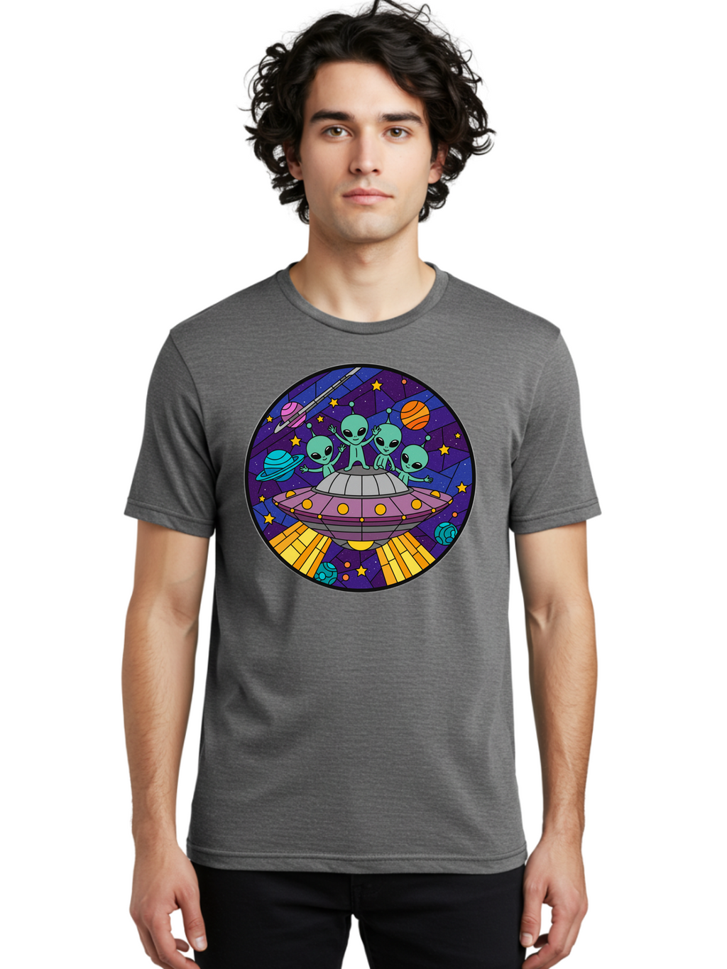Aliens-On-Ufo-1 Men'S Graphic Tee, 100% Cotton, Comfortable Casual Summer Wear, Machine Washable, Aliens On A Spaceship, Cartoon Aliens, Ufo Sighting, Extraterrestrial Life, Space Travel, Planetary Exploration, Intergalactic Adventure, Bab639