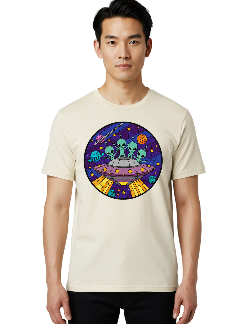 Aliens-On-Ufo-1 Men'S Graphic Tee, 100% Cotton, Comfortable Casual Summer Wear, Machine Washable, Aliens On A Spaceship, Cartoon Aliens, Ufo Sighting, Extraterrestrial Life, Space Travel, Planetary Exploration, Intergalactic Adventure, Bab639
