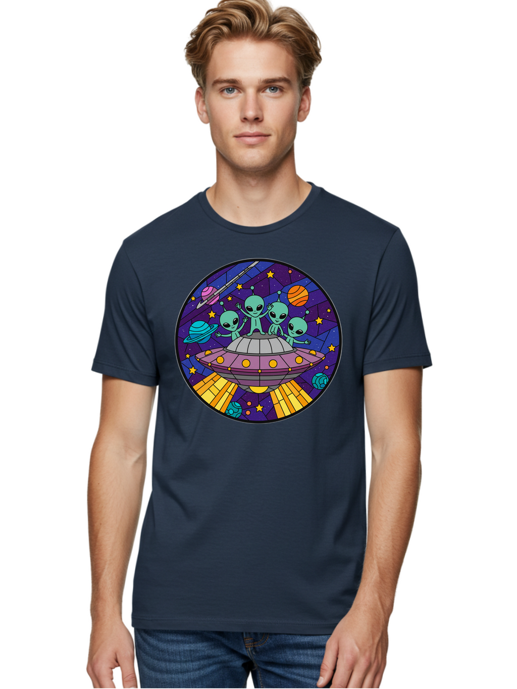 Aliens-On-Ufo-1 Men'S Graphic Tee, 100% Cotton, Comfortable Casual Summer Wear, Machine Washable, Aliens On A Spaceship, Cartoon Aliens, Ufo Sighting, Extraterrestrial Life, Space Travel, Planetary Exploration, Intergalactic Adventure, Bab639