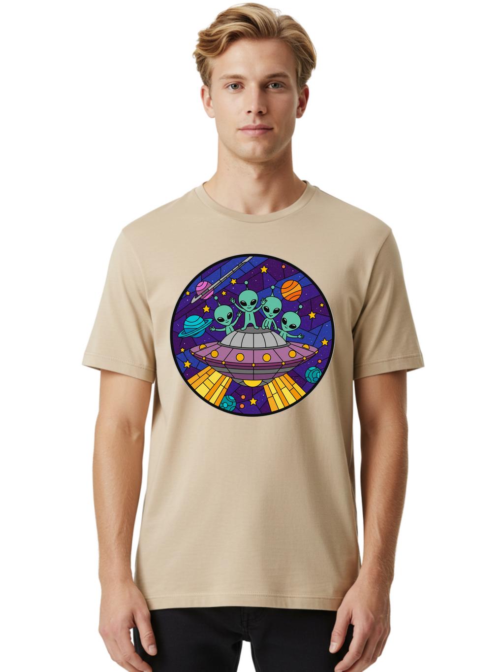 Aliens-On-Ufo-1 Men'S Graphic Tee, 100% Cotton, Comfortable Casual Summer Wear, Machine Washable, Aliens On A Spaceship, Cartoon Aliens, Ufo Sighting, Extraterrestrial Life, Space Travel, Planetary Exploration, Intergalactic Adventure, Bab639