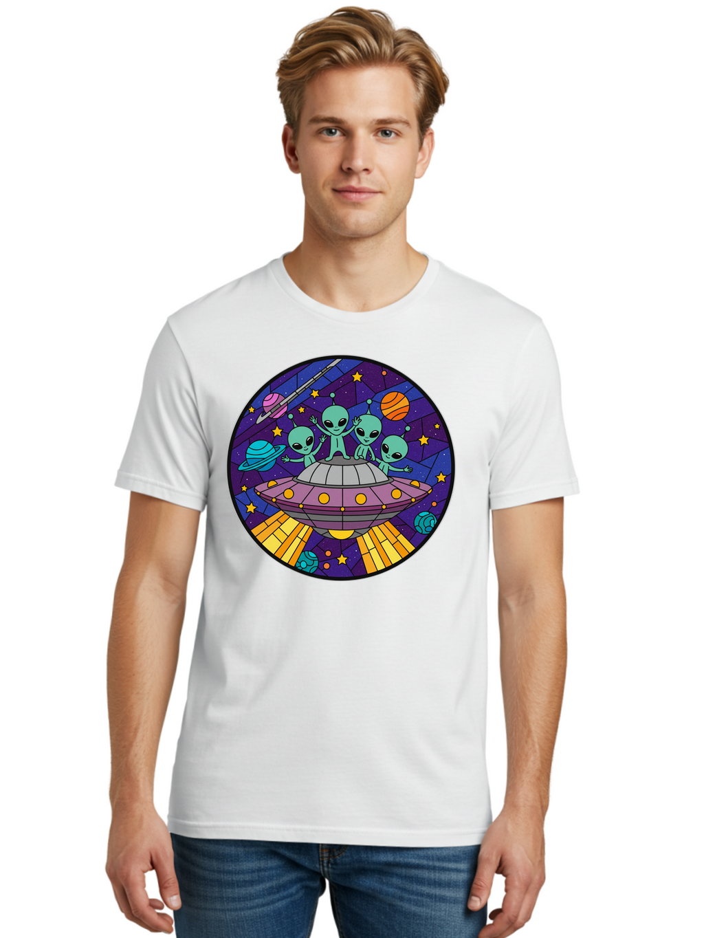 Aliens-On-Ufo-1 Men'S Graphic Tee, 100% Cotton, Comfortable Casual Summer Wear, Machine Washable, Aliens On A Spaceship, Cartoon Aliens, Ufo Sighting, Extraterrestrial Life, Space Travel, Planetary Exploration, Intergalactic Adventure, Bab639