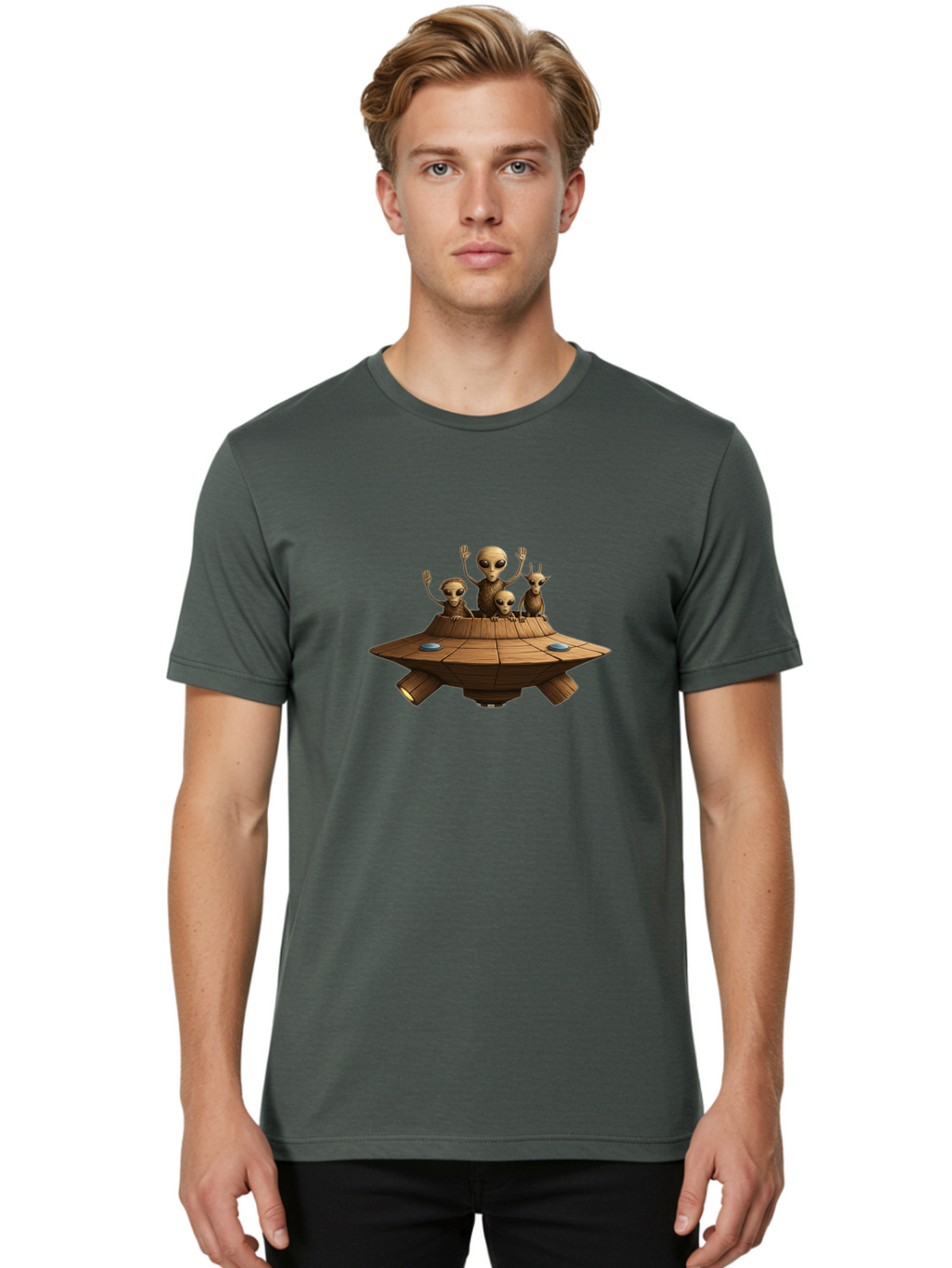 Aliens-On-Ufo-2 Men'S Graphic Tee, 100% Cotton, Comfortable Casual Summer Wear, Machine Washable, Aliens On Spaceship, Ufo Sighting, Extraterrestrial Life, Alien Family, Flying Saucer, Cartoon Style, Humorous Alien Encounter, Sci-Fi Humor, Bab640