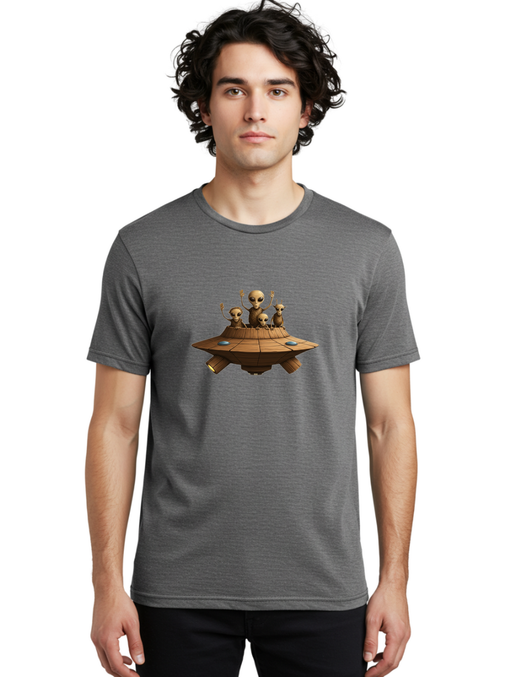 Aliens-On-Ufo-2 Men'S Graphic Tee, 100% Cotton, Comfortable Casual Summer Wear, Machine Washable, Aliens On Spaceship, Ufo Sighting, Extraterrestrial Life, Alien Family, Flying Saucer, Cartoon Style, Humorous Alien Encounter, Sci-Fi Humor, Bab640