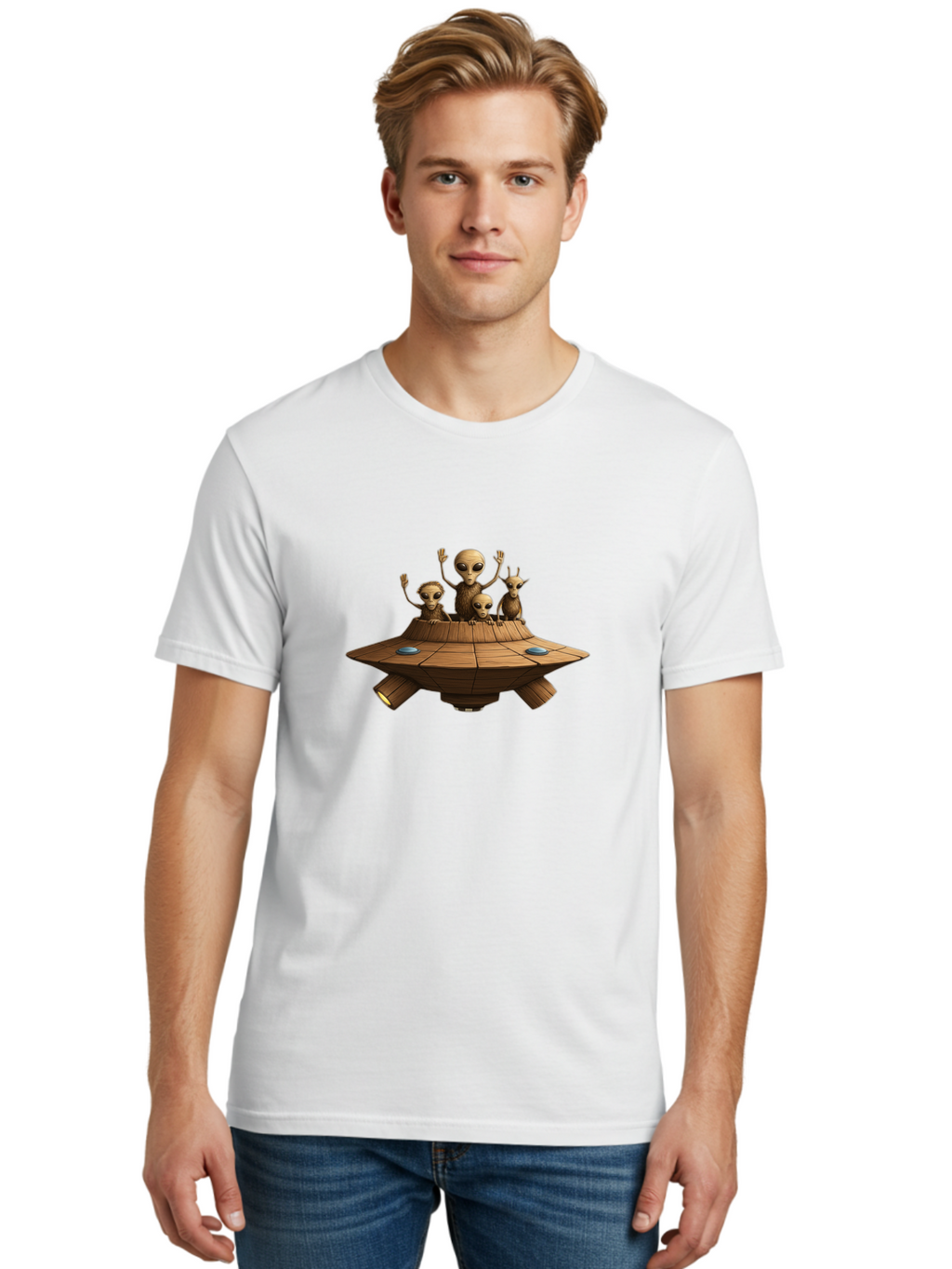 Aliens-On-Ufo-2 Men'S Graphic Tee, 100% Cotton, Comfortable Casual Summer Wear, Machine Washable, Aliens On Spaceship, Ufo Sighting, Extraterrestrial Life, Alien Family, Flying Saucer, Cartoon Style, Humorous Alien Encounter, Sci-Fi Humor, Bab640