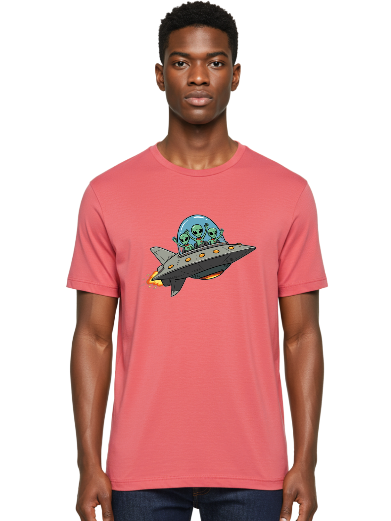 Aliens-On-Ufo-3 Men'S Graphic Tee, 100% Cotton, Comfortable Casual Summer Wear, Machine Washable, Cartoon Aliens, Grey Spaceship, Extraterrestrial Travel, Alien Adventure, Sci-Fi, Futuristic, Space Exploration, Friendly Aliens, Bab641