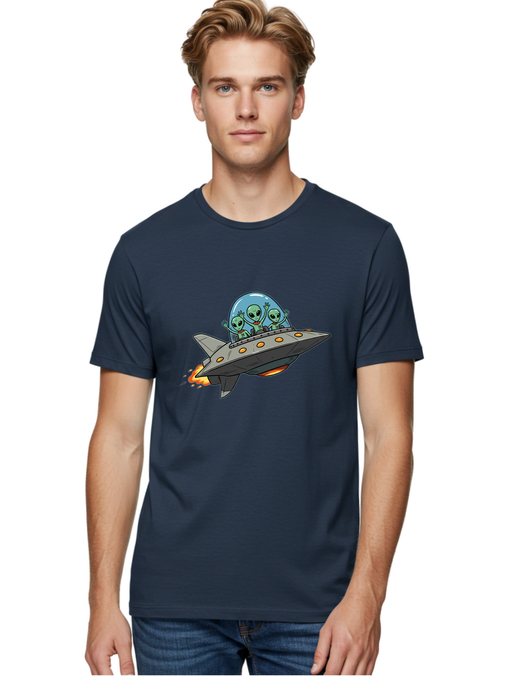 Aliens-On-Ufo-3 Men'S Graphic Tee, 100% Cotton, Comfortable Casual Summer Wear, Machine Washable, Cartoon Aliens, Grey Spaceship, Extraterrestrial Travel, Alien Adventure, Sci-Fi, Futuristic, Space Exploration, Friendly Aliens, Bab641