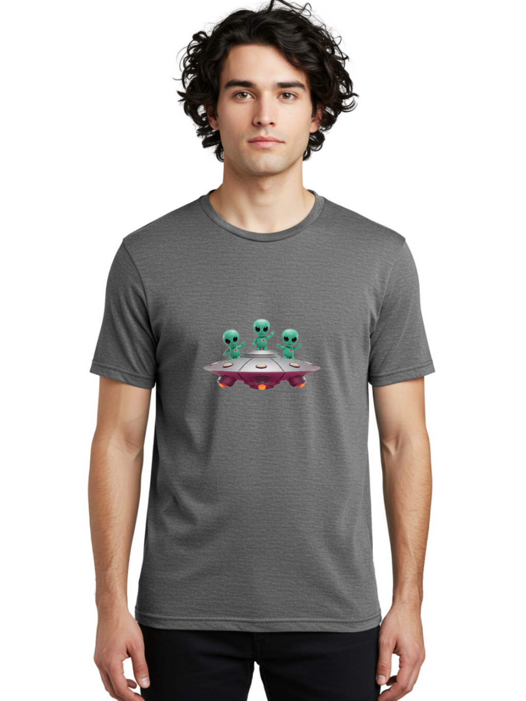 Aliens-On-Ufo Men'S Graphic Tee, 100% Cotton, Comfortable Casual Summer Wear, Machine Washable, Cartoon Aliens, Ufo Spaceship, Extraterrestrial Life, Science Fiction, Friendly Aliens, Outer Space, Futuristic Design, Glowing Lights, Bab642