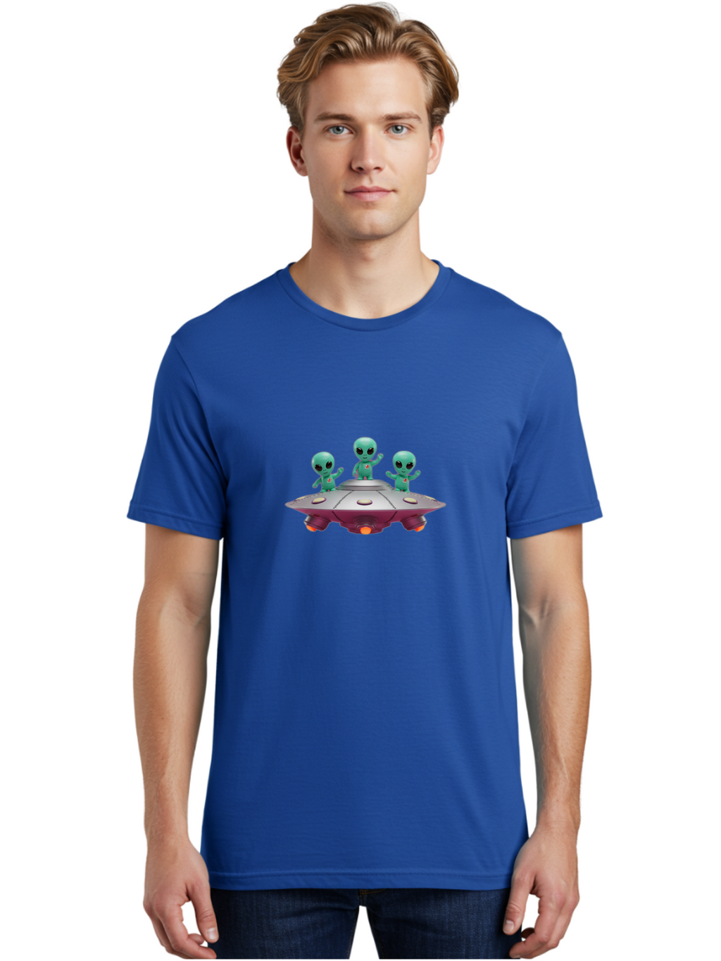 Aliens-On-Ufo Men'S Graphic Tee, 100% Cotton, Comfortable Casual Summer Wear, Machine Washable, Cartoon Aliens, Ufo Spaceship, Extraterrestrial Life, Science Fiction, Friendly Aliens, Outer Space, Futuristic Design, Glowing Lights, Bab642