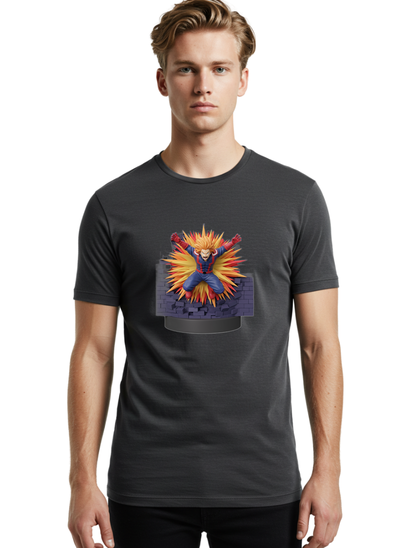 All-Might Men'S Graphic Tee, 100% Cotton, Comfortable Casual Summer Wear, Machine Washable, Anime Figurine, Action Figure, All Might, My Hero Academia, Intense Expression, Dynamic Pose, Blue And Red Costume, Dramatic Explosion, 3D Model, Bab643