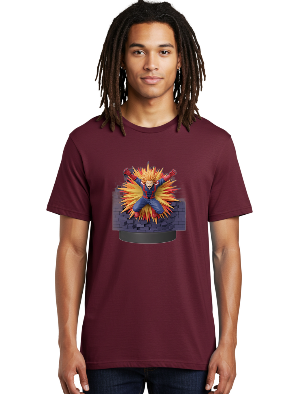 All-Might Men'S Graphic Tee, 100% Cotton, Comfortable Casual Summer Wear, Machine Washable, Anime Figurine, Action Figure, All Might, My Hero Academia, Intense Expression, Dynamic Pose, Blue And Red Costume, Dramatic Explosion, 3D Model, Bab643