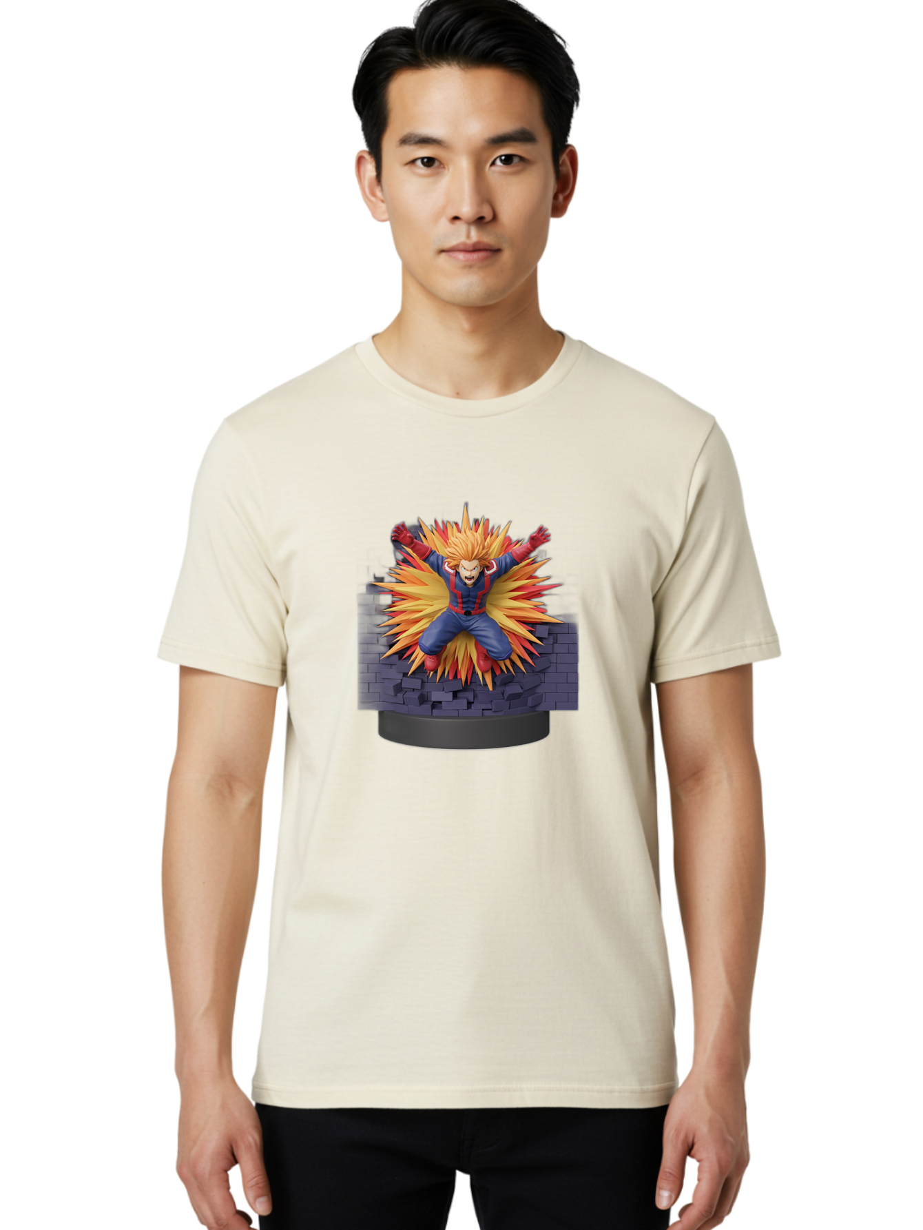 All-Might Men'S Graphic Tee, 100% Cotton, Comfortable Casual Summer Wear, Machine Washable, Anime Figurine, Action Figure, All Might, My Hero Academia, Intense Expression, Dynamic Pose, Blue And Red Costume, Dramatic Explosion, 3D Model, Bab643