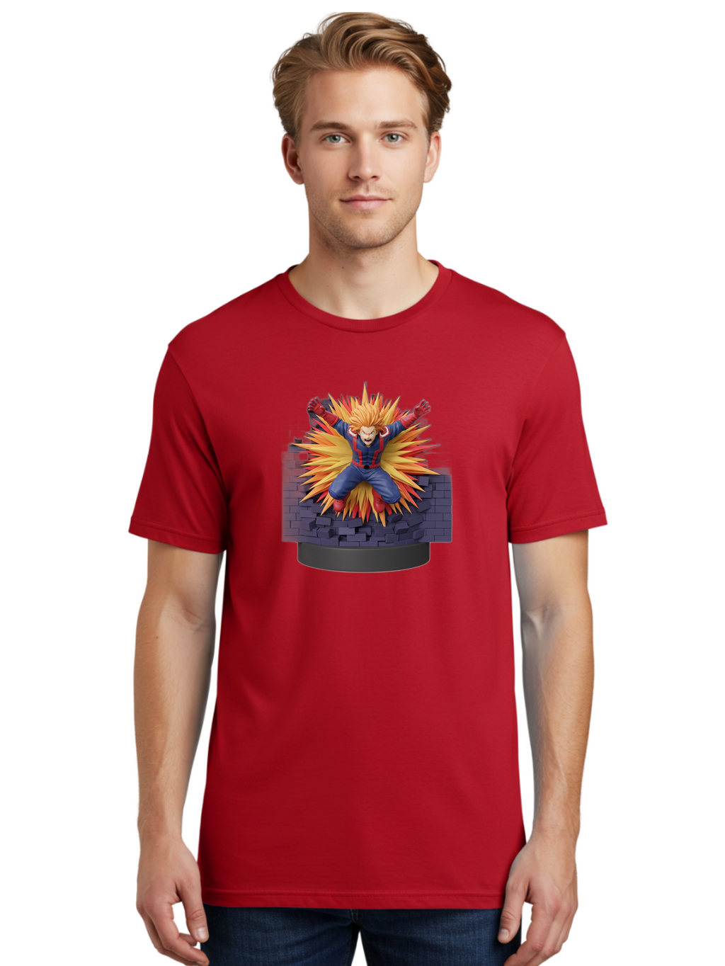 All-Might Men'S Graphic Tee, 100% Cotton, Comfortable Casual Summer Wear, Machine Washable, Anime Figurine, Action Figure, All Might, My Hero Academia, Intense Expression, Dynamic Pose, Blue And Red Costume, Dramatic Explosion, 3D Model, Bab643